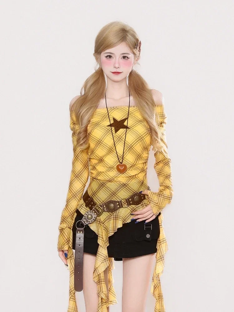 Y2K Plaid Slash Neck Vintage T - Embroidery recension och pris