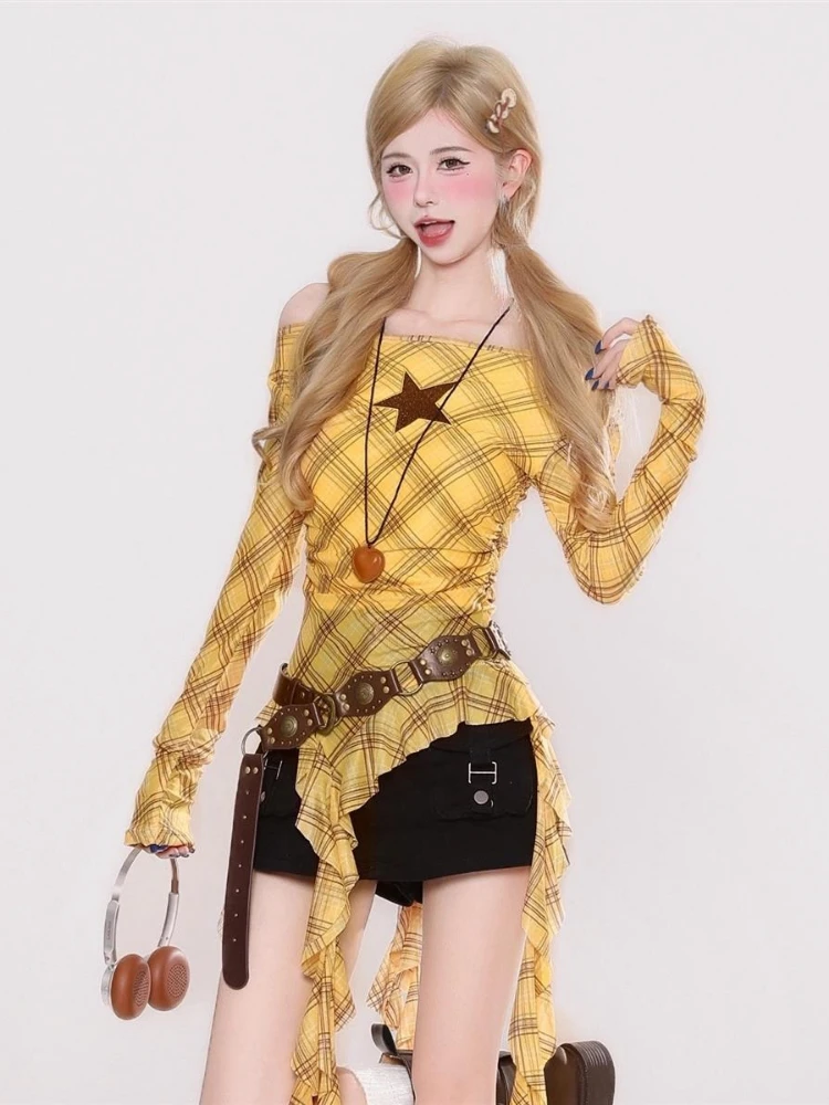 Y2K Plaid Slash Neck Vintage T - Embroidery recension och pris